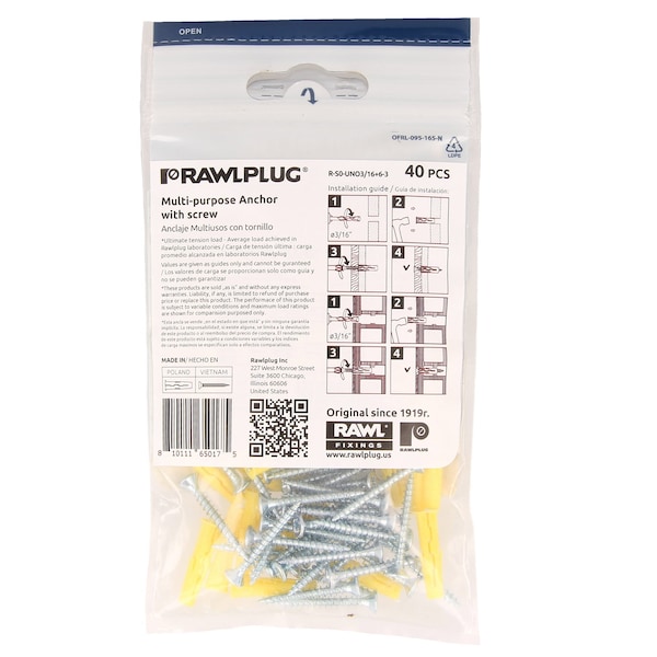 MULTI-PURPOSE  ANCHOR 3/16 WITH SCREWS 6x1-1/2 - BAG OF 40